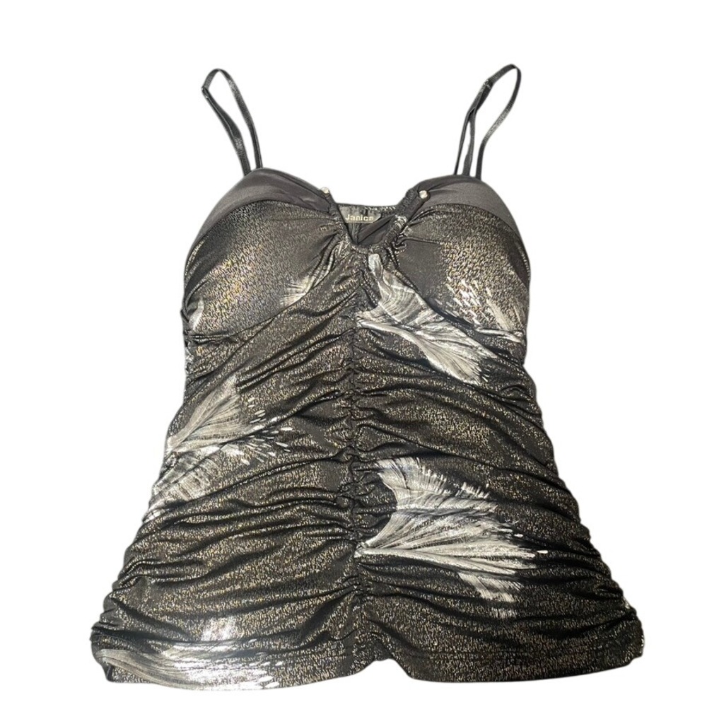 Janice Womens Metallic Ruched Camisole Top Black Gold Silver Y2K Party Tank